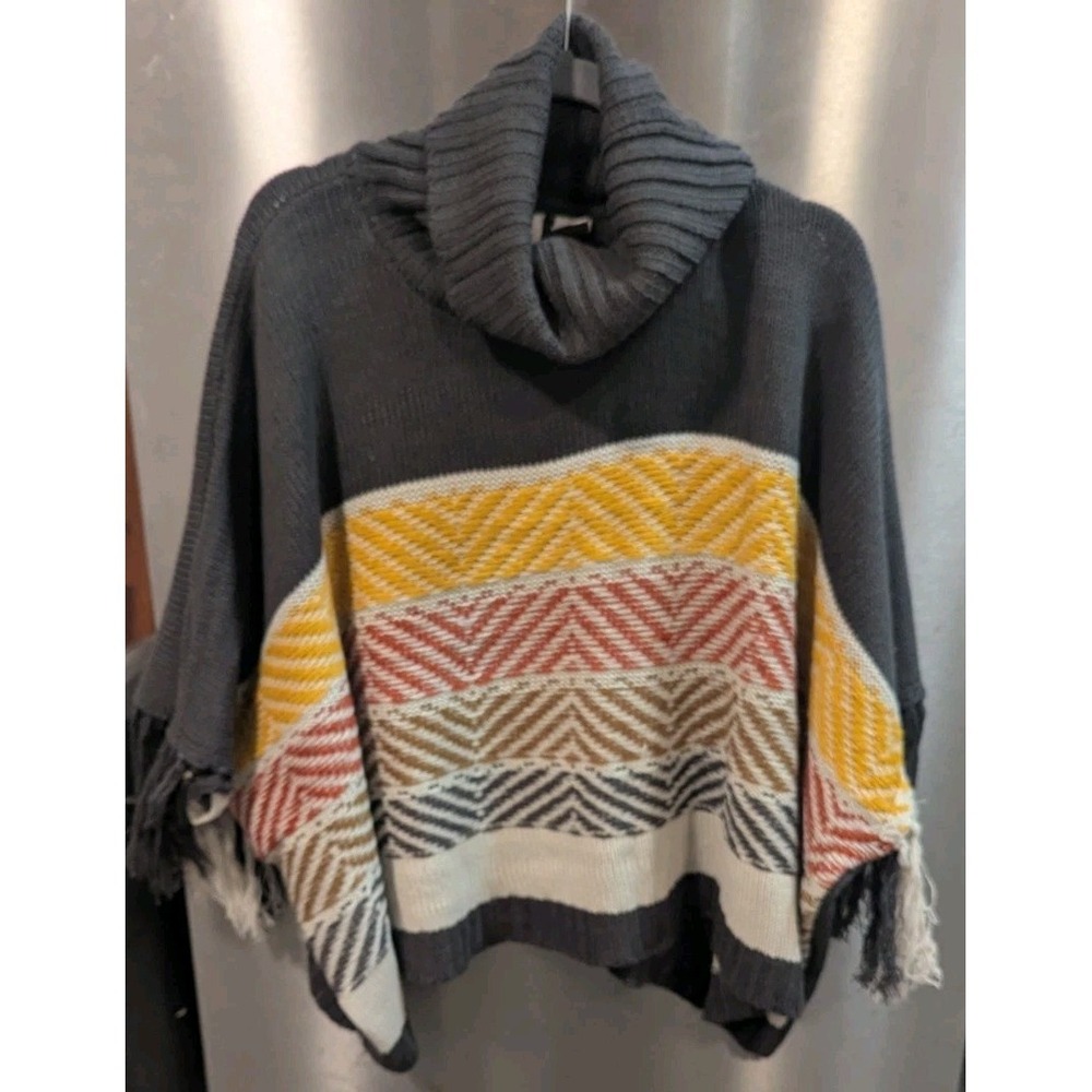 Cape‎ Sweater OSFM Striped Turtleneck Fringe Lagenlook Equestrian Oversize Gray